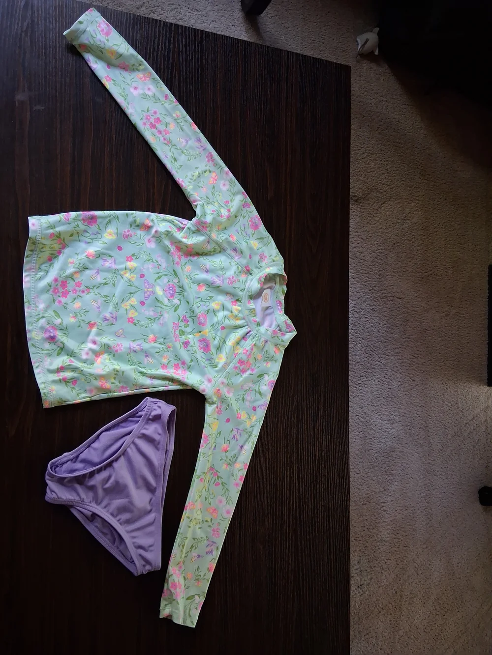 Floral Mint Long-Sleeve Rash Guard Swim Top with Lilac Bikini Bottoms